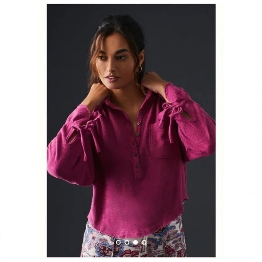Pilcro Anthropologie Puff Sleeve Blouse Top Size XL Tie Cuffs Popover Boho Pink